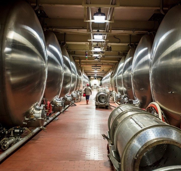 Row of process tanks in a brewery cellar